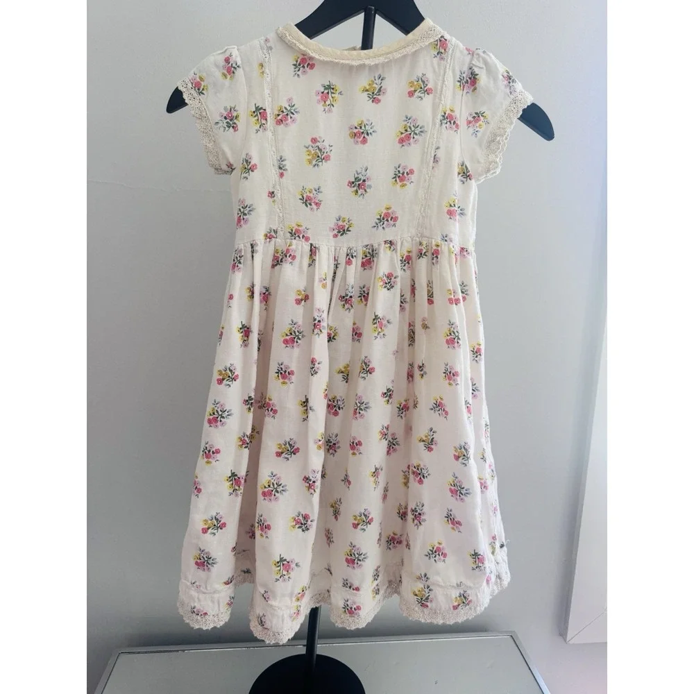 Boden Girls Floral Dress 6-7Y Pink Cottagecore Lace Trim Cotton Linen Blend